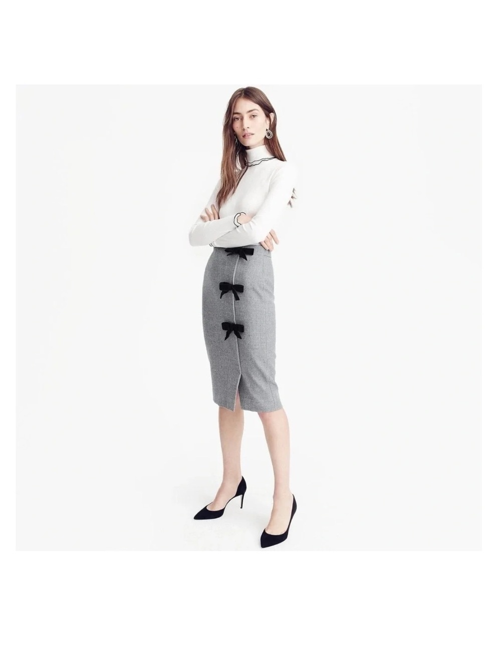J. Crew Gray Pencil Skirt with Black Velvet Bows Size 12 - Picture 3 of 14